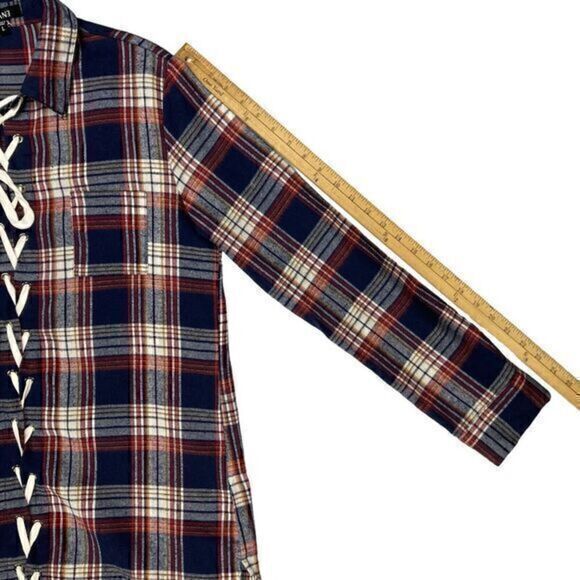 ENVME Long Tunic Flannel Dress Womens Sz Large Red Blue Plaid Lace Up NEW - Picture 11 of 14